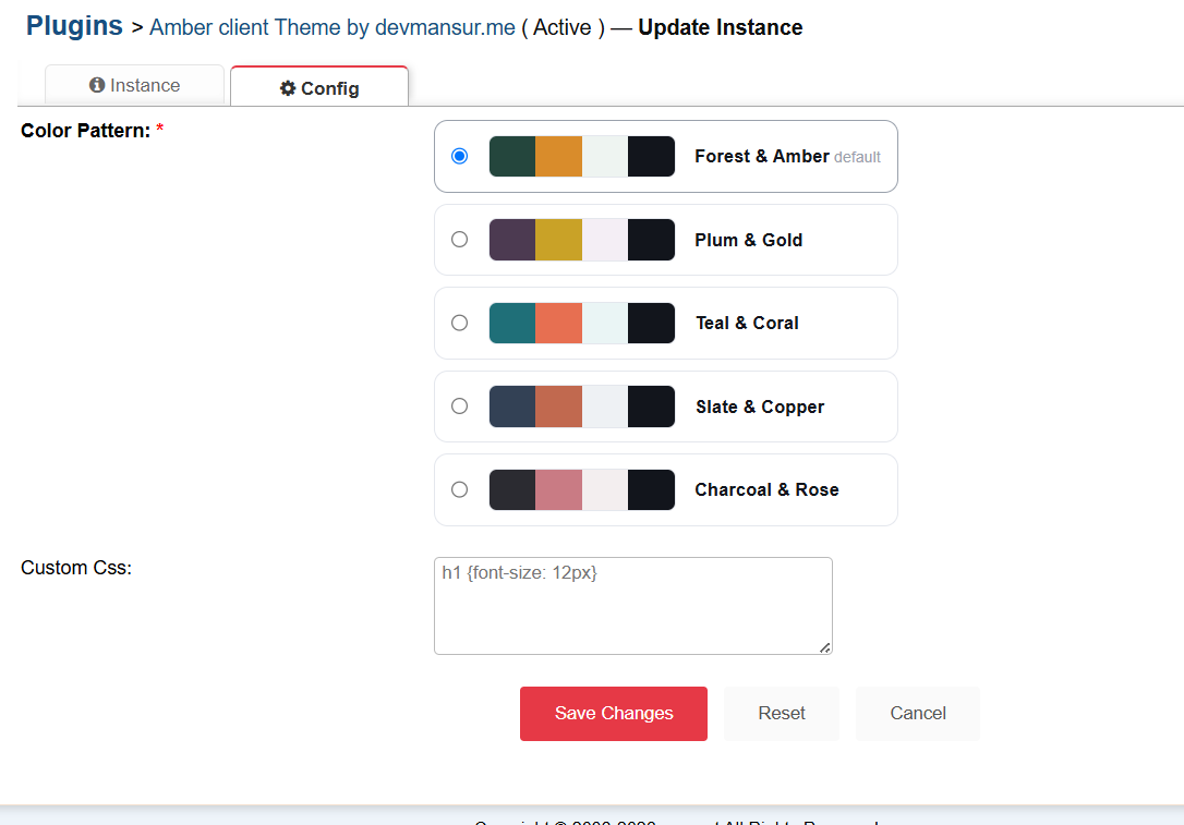 osTicket Amber theme settings screen showing five colour patterns and custom CSS field