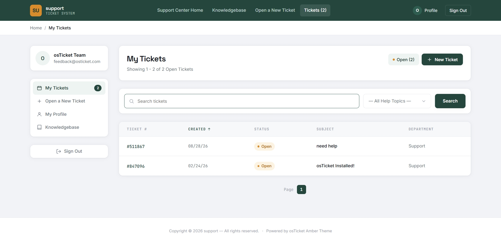 osTicket Amber theme customer ticket list with search and filters