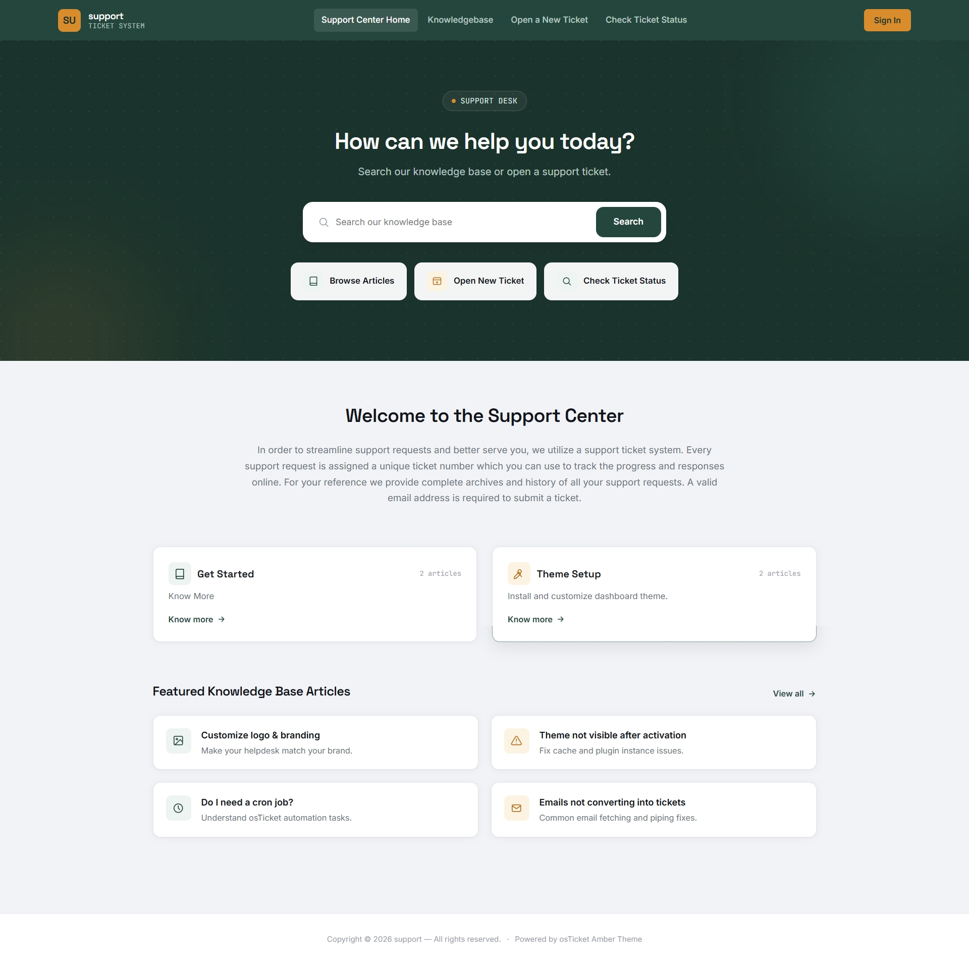 osTicket Amber client portal theme preview