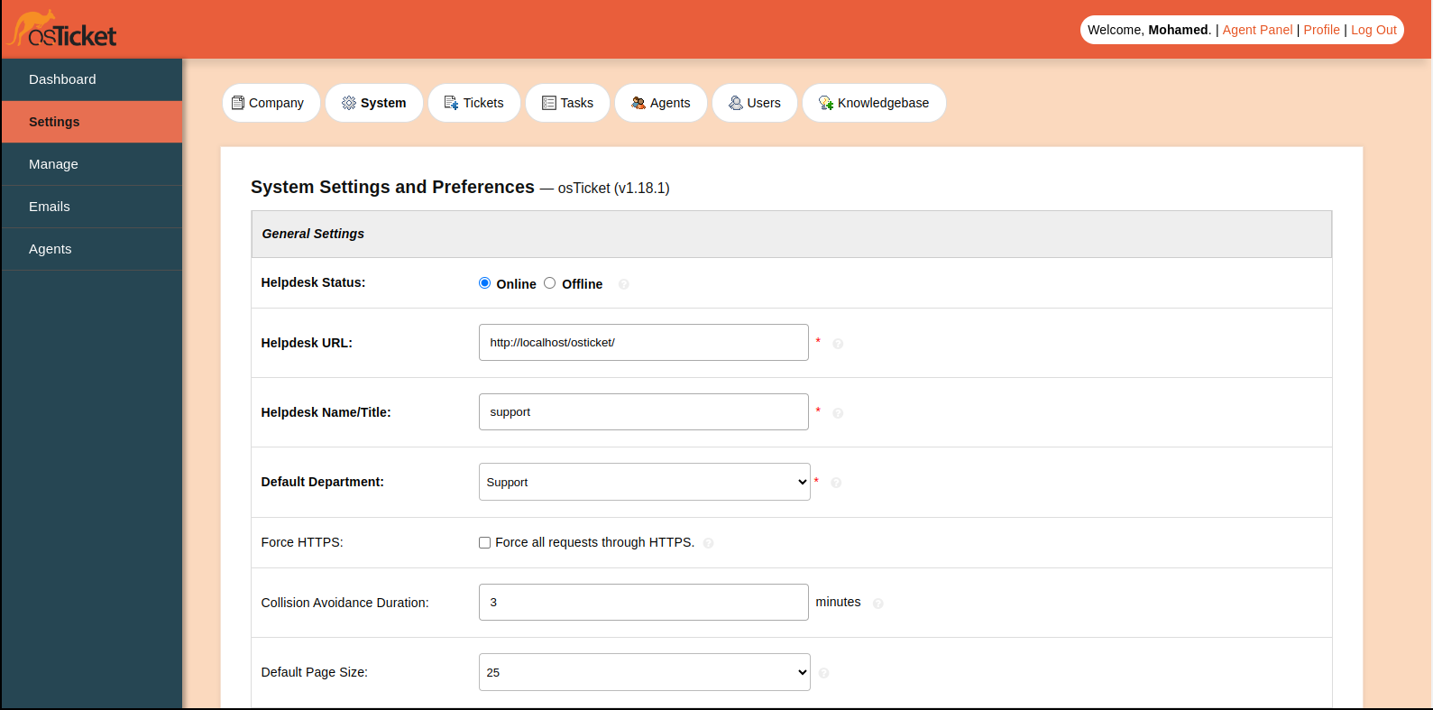 osTicket admin dashboard theme with orange colour scheme