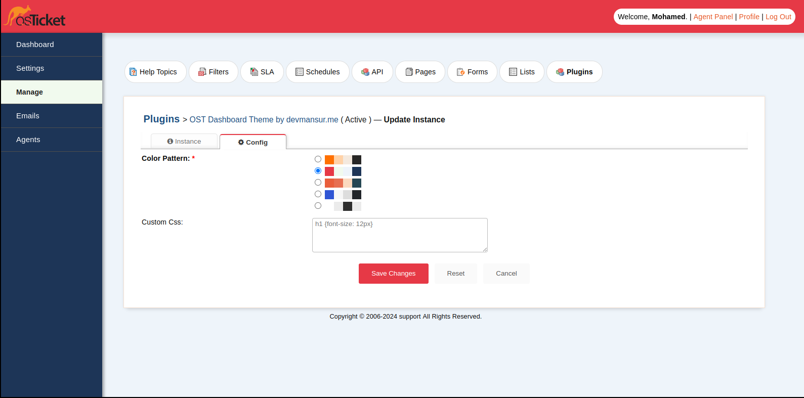 osTicket admin dashboard theme with red colour scheme