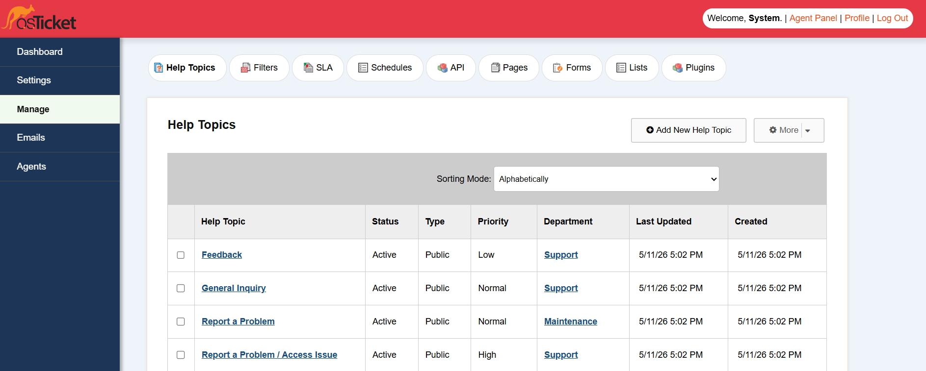 osTicket admin manage help topics table themed