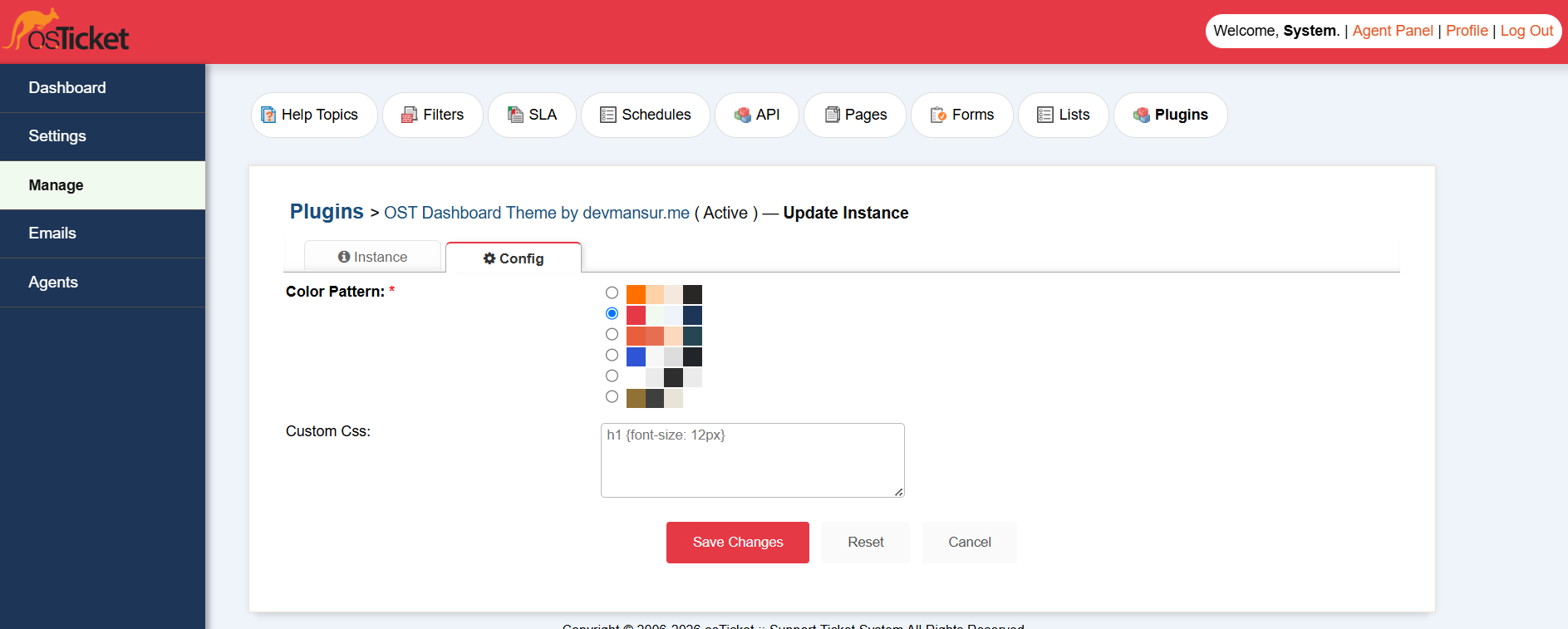 osTicket dashboard theme plugin configuration with colour patterns and custom CSS