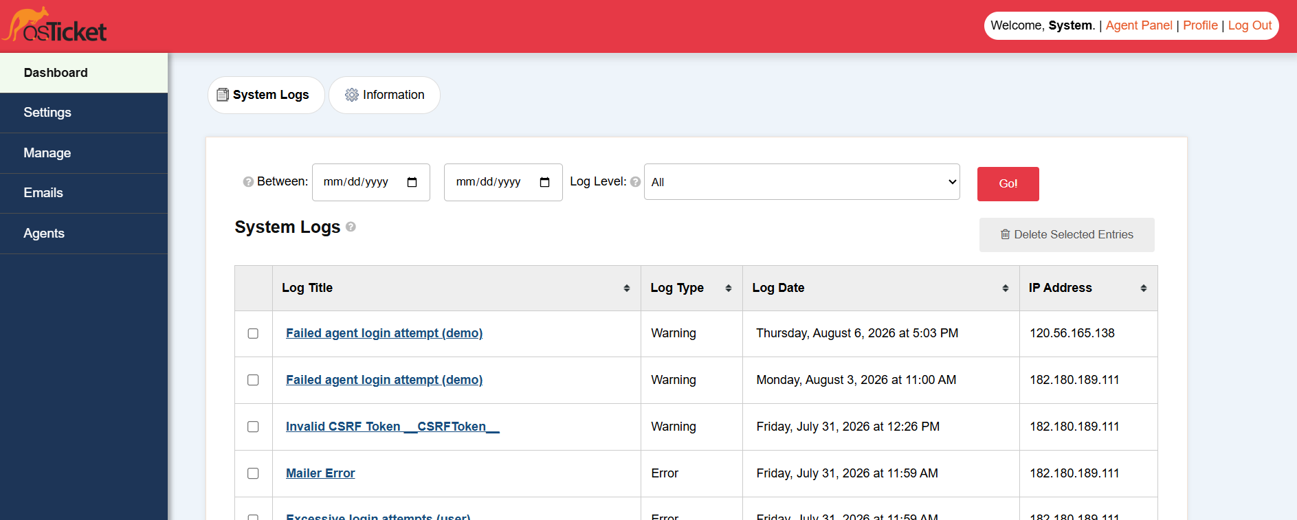 osTicket system logs page with themed date filters