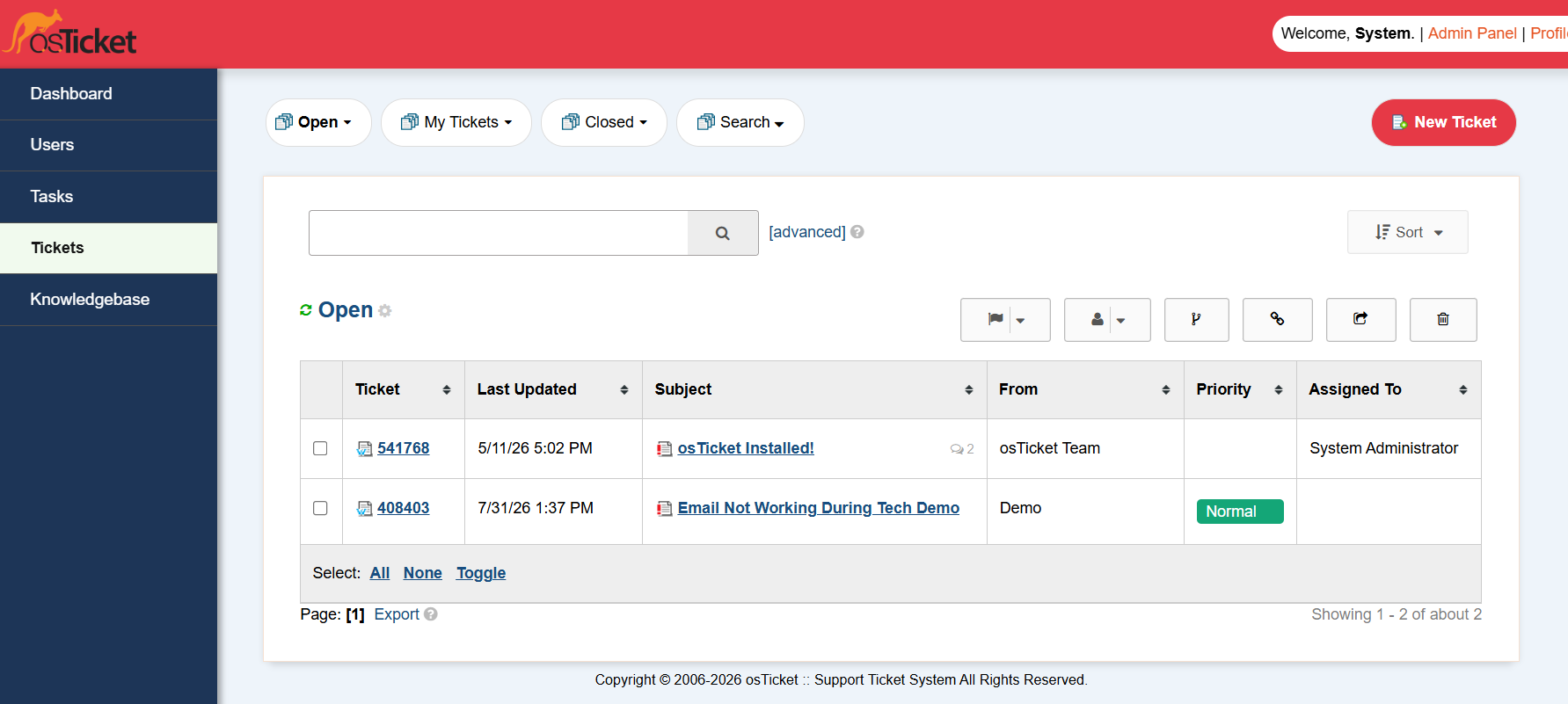 osTicket staff panel ticket queue with filters and sorting