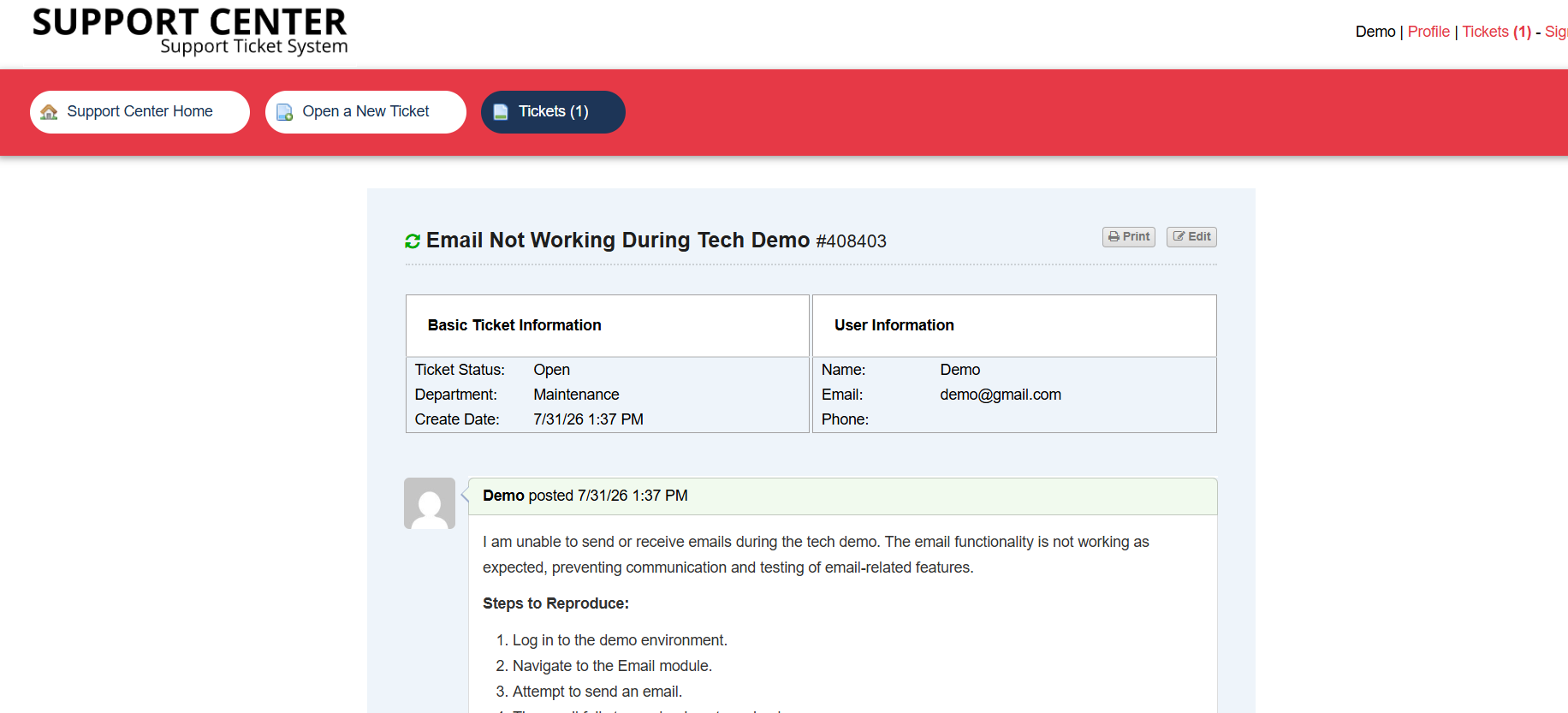 osTicket customer portal ticket detail page themed